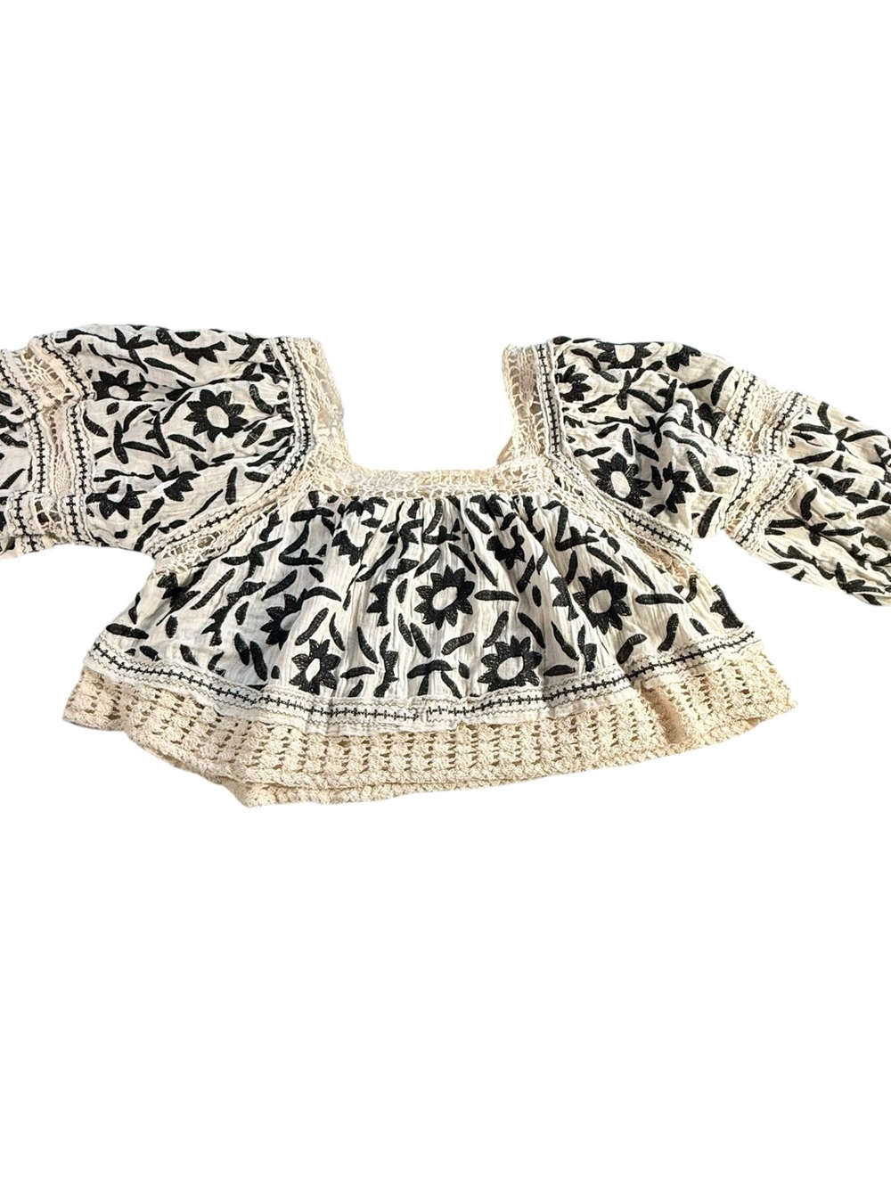 NWT Free People Ivory Black Embroidered Off-Shoulder Crop Top Boho Small